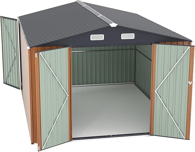 9x11 FT Outdoor Metal Storage Shed with Lockable Door, Steel Garden Utility Shed with Vents, Backyard Patio Tool Shed for Lawn Equipment, Bike, Firewood and Mower Storage, Brown