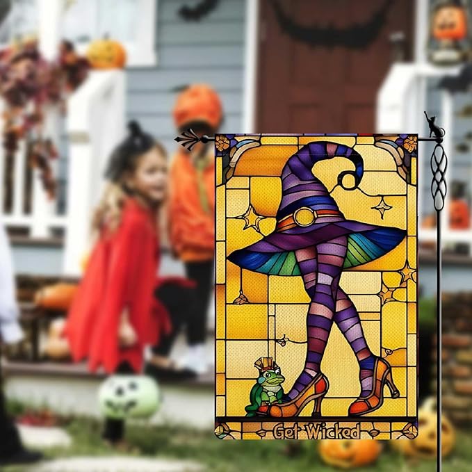 Get Wicked Garden Flag Witch Hat Holiday Garden Flag The Frog Prince Stained Glass Style Vertical Double Sided Rustic Farmland Burlap Yard Lawn Outdoor Decor 12.5x18"