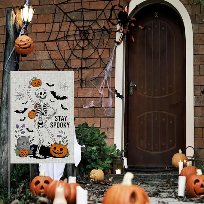 HTBIG Funny WSkeleton Halloween Garden Flag, Spooky Halloween Garden Flag, Yard Flags for Outside 12x18 inch, Outside Yard for Home Decorations
