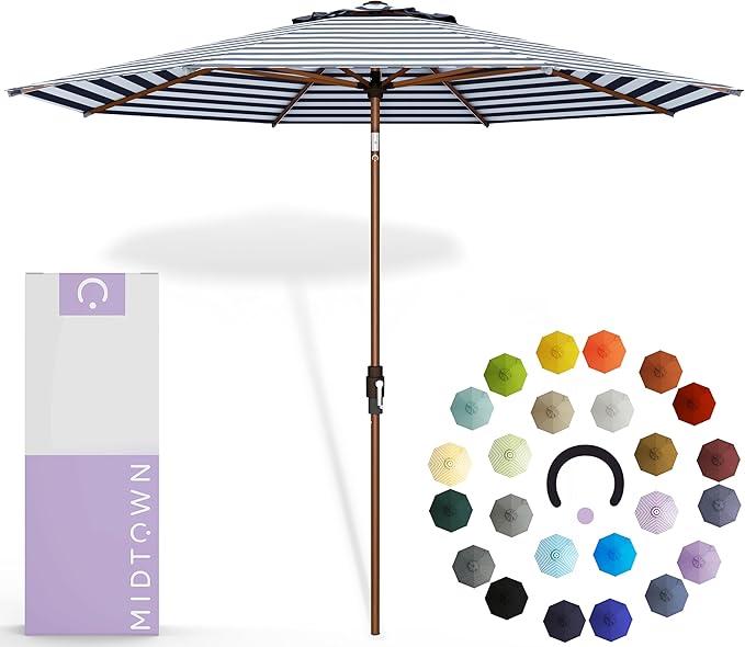 Midtown Umbrellas The Wooden 2-10 Feet Large Patio Umbrella, Terylast Navy & White Stripes Fabric, Aluminum Frame For Backyard Umbrella, Deck Umbrella, Garden Umbrella & Pool Umbrella - Wooden Pole
