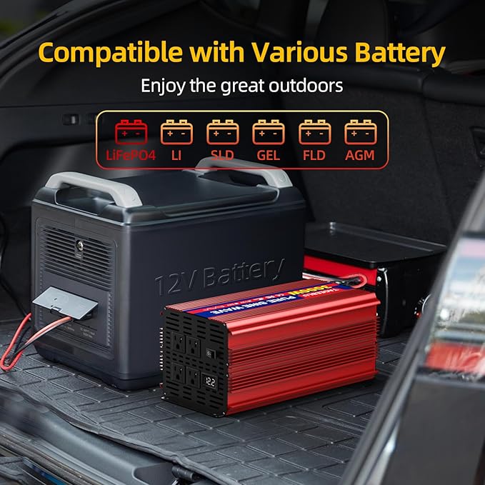 3000W Pure Sine Wave Inverter, 12V DC to 110V/120V AC Power Inverter for RV、Off Grid with 2 AC outlets and LCD Display