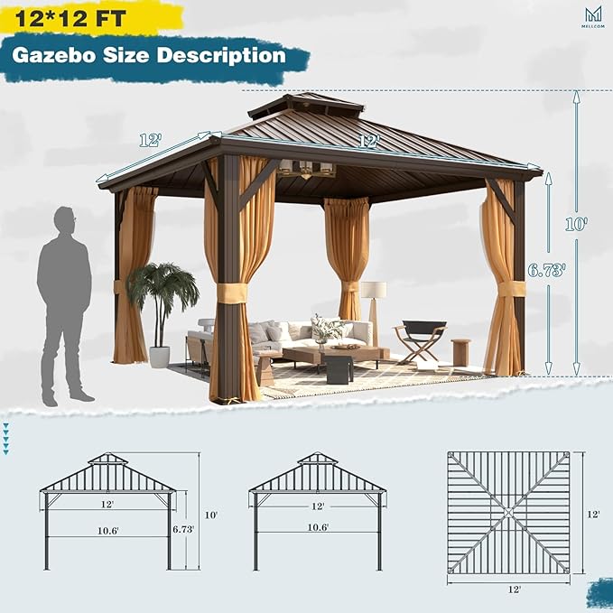 MELLCOM 12'x12' Hardtop Gazebo, Metal Double Roof Aluminum Gazebos with Curtain and Netting,Brown Permanent Galvanized Steel Pavilion for Patio, Lawn & Deck