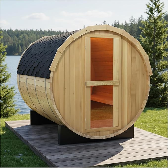 ZONEMEL Outdoor Barrel Steam Sauna, Canadian Hemlock Sauna Room for 4-6 Person, 6KW ETL TOULE Heater, Volcanic Stones, Asphalt Shingles, 8mm Tempered Glass, Water Bucket, Ladle, Lights, 220V, 194 ℉