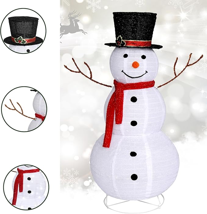 Outvita Outdoor Christmas Decorations 4ft Lighted Snowman, White Snowman with Twinkle Lights Red Scarf Black Hat, Foldable Snowman for Xmas Indoor and Outdoor Garden, Yard Decor