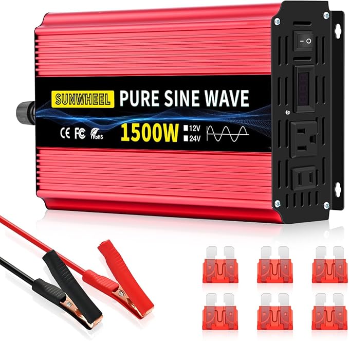 SUNWHEEL 1500W Pure Sine Wave Inverter, 12V DC to 110V/120V AC Power Inverter for RV、Microwave、Off Grid、Truck、Refrigerator with 2 AC outlets and LCD Display