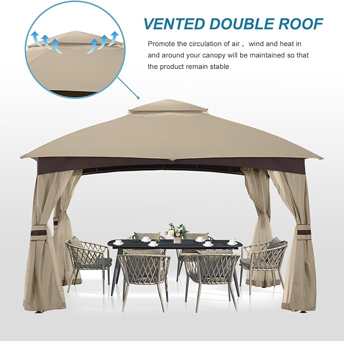 MASTERCANOPY Outdoor Patio Gazebo for Garden with Upgrade Steel Frame and Netting Walls (10x12,Khaki)