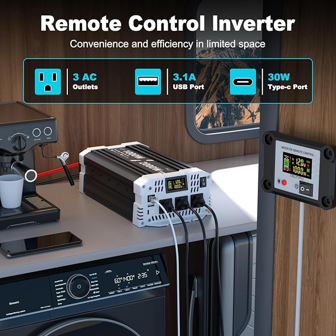 1000 watt Pure sine Wave Inverter, 12V DC to 110V AC Power Inverter, Used for Solar Emergency Power Supply in RV Homes, with 3 AC Output sockets, USB Port, Type-C Port, Remote Control with LCD Screen