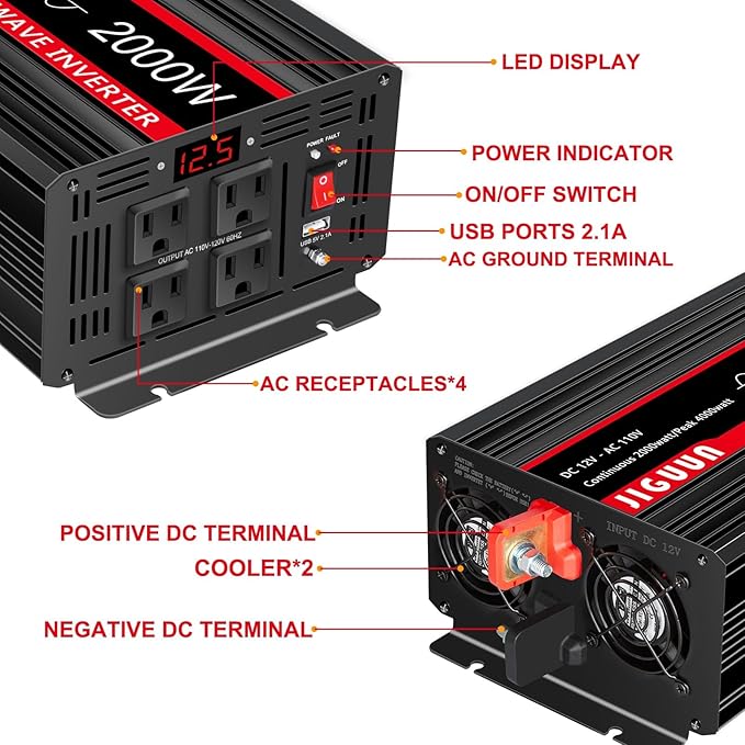 JIGUUN 4000W Peak Pure Sine Wave Power Inverter 2000 Watt,12v DC to 110/120v AC Inverter 3 AC & USB Output,Power Converter LED Display for Home RV Camping Outdoor Car Truck
