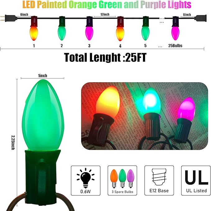 C7 LED Christmas Lights, 25FT String With 27 Orange Green and Purple Bulbs, Hanging Decoration for Outdoor Indoor Patio Home Party Garden Yard - Black Wire