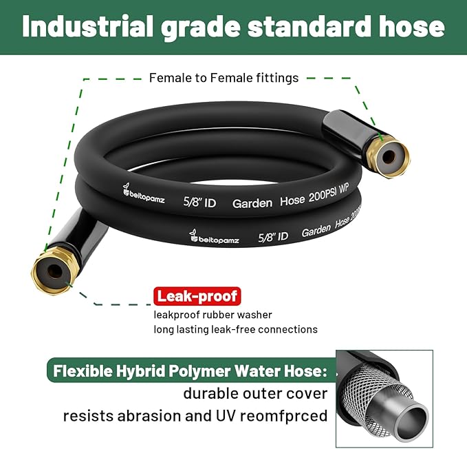 Short Garden Hose 1 ft x 5/8 in Small Water Hose Extend Connector, Lightweight Rubber Hybrid Leader Hose, Leak-Free Connections,Female to Female Fittings, Black