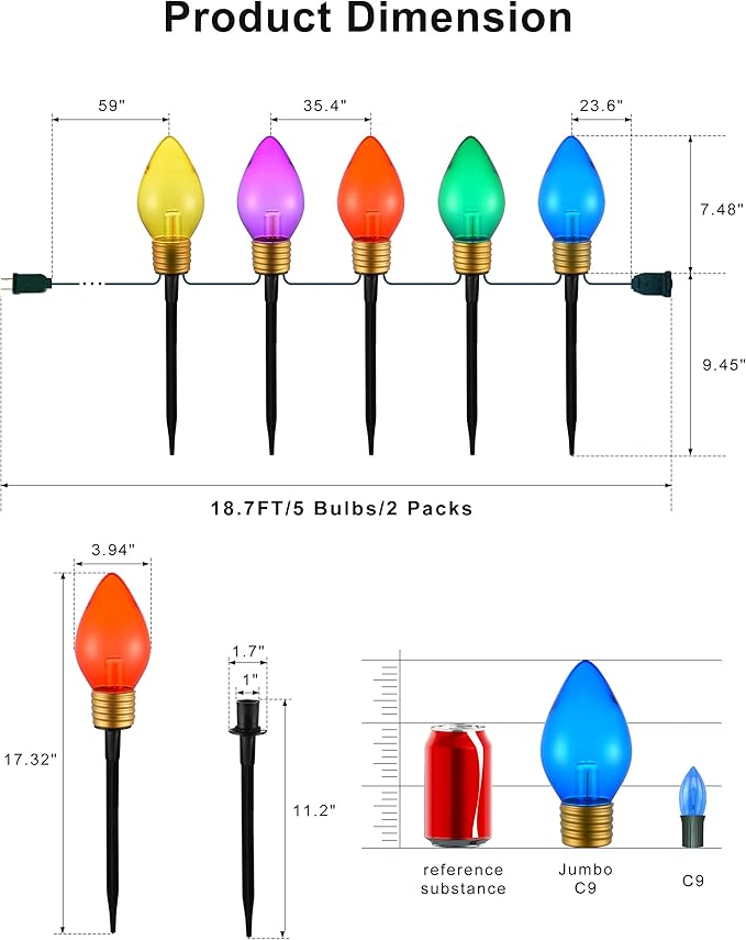 10 Jumbo C9 Pathway Lights Outdoor, 11Ft 2 Pack 5 LED Giant Bulbs, Large Outdoor Christmas Decor for Holiday Lawn Yard Garden, Big Christmas Lights Decorations, Multicolor