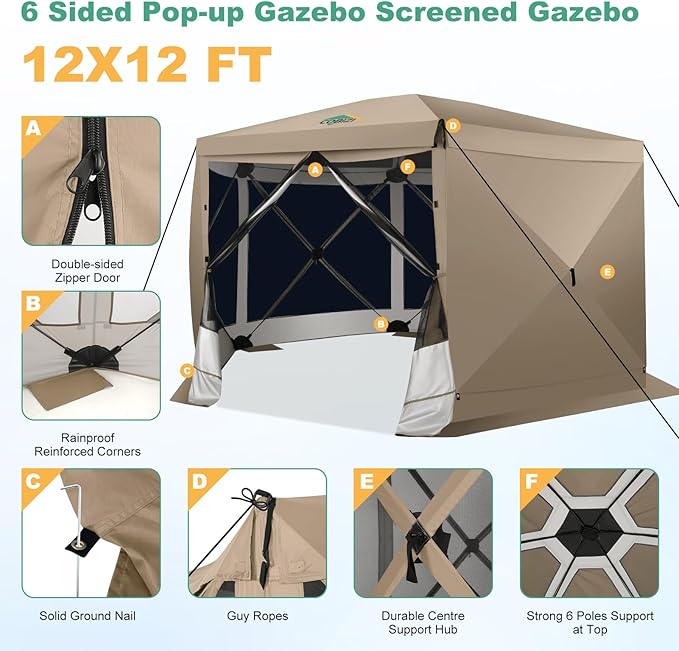 COBIZI 12x12 pop up Gazebo on Clearance Screen Tent for Camping, Scalable Sesign Outdoor Canopy Tent with Extension Support Poles & sidewalls,with Portable Carrying Bag and Ground Stakes,Khaki