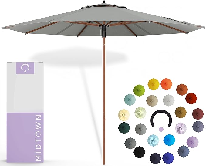 Midtown Umbrellas The Wooden 10 Feet Patio Umbrella With Terylast Matter (Grey) Polyester Fabric - Aluminum Frame Market Umbrella For Backyard, Deck, Garden, Pool - Wooden Pole