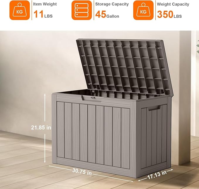 ROJIK Outdoor Storage Housing Deck Box - Waterproof Patio Furniture, Garden Tools, Cushions, Pool Accessories Storage Bench with Lockable Lid and Side Handles (Grey, 45 Gal)