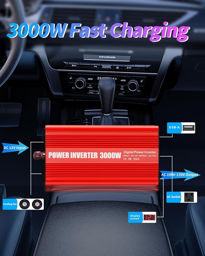 Inverter 3000W Car Power Inverters,12v DC to 110v AC Converter with USB and AC Outlets Power Inverter 3000Watts,Car Power Converter for Car Home Vehicles Laptop Trip