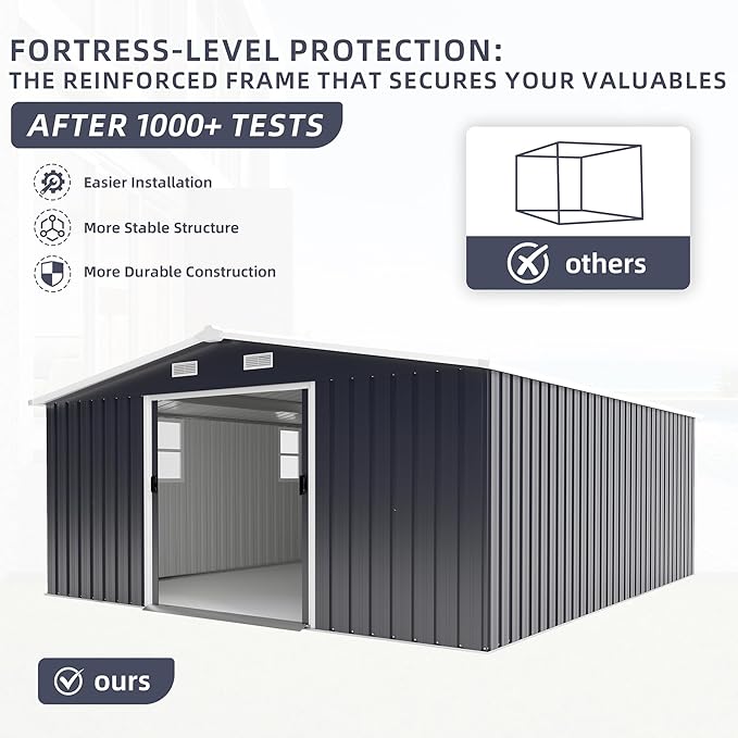 10×12 Ft Metal Shed Outdoor Storage with Two Daylight Windows, 0.25mm Galvanized Steel Metal Garden Shed Waterproof with Lockable Door for Backyard, Patio, Garden，Light Grey