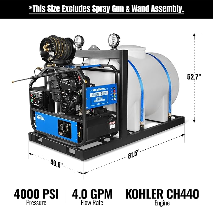 4000 PSI 4 GPM Kohler E-Start Engine Hot Water Pressure Washer Skid Mounted with 245 Gal Tank, Model HPW40KBT