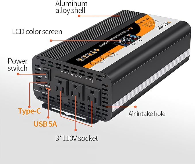 1500W Pure Sine Wave Inverter (3000W Peak), 12V/24V Auto-Detect, 50Hz/60Hz Switchable, LCD Display, Type-C Fast Charging, Silent Design, Overload & Overheat Protection for RV, Home (Black-1500W)