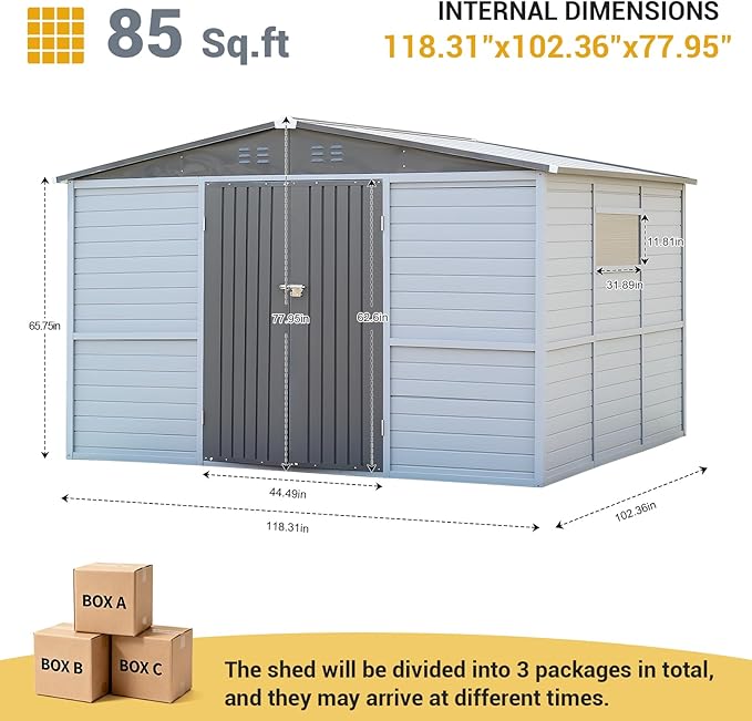 Galvanized Steel Frame & Solid Fir Wood Wall Shed | 8x10ft Outdoor Storage Shed with 10-Grade Waterproof Roof & 9-Level Wind Resistance, Lockable Double Doors & Windows for Garden, Lawn, Patio