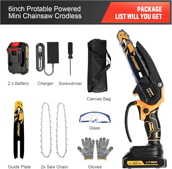 Mini Chainsaw, 6-inch Cordless Electric Mini Chainsaw, Portable Handheld Chain Saw for Tree Pruning Shearsand Garden Maintenance, Best Father's Day Gift for Men Dad Husband（Yellow)