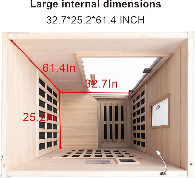 1-Person Indoor Infrared Sauna 1000W – Canadian Hemlock Wood Home Sauna with Red Light Therapy, Bluetooth Speaker, Glass Door,Big Room: 37.8" x 30.3" x 65.4"