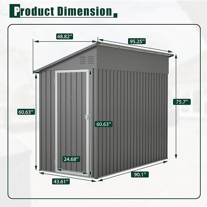 4×8 FT Lean to Metal Shed,Outdoor Heavy-Duty Storage Shed with Floor Base,All Weather Waterproof Garden Tool House W/Lockable Door&2 Air Vents,Reversible Door Design,for Backyard,Patio,Lawn,Gray