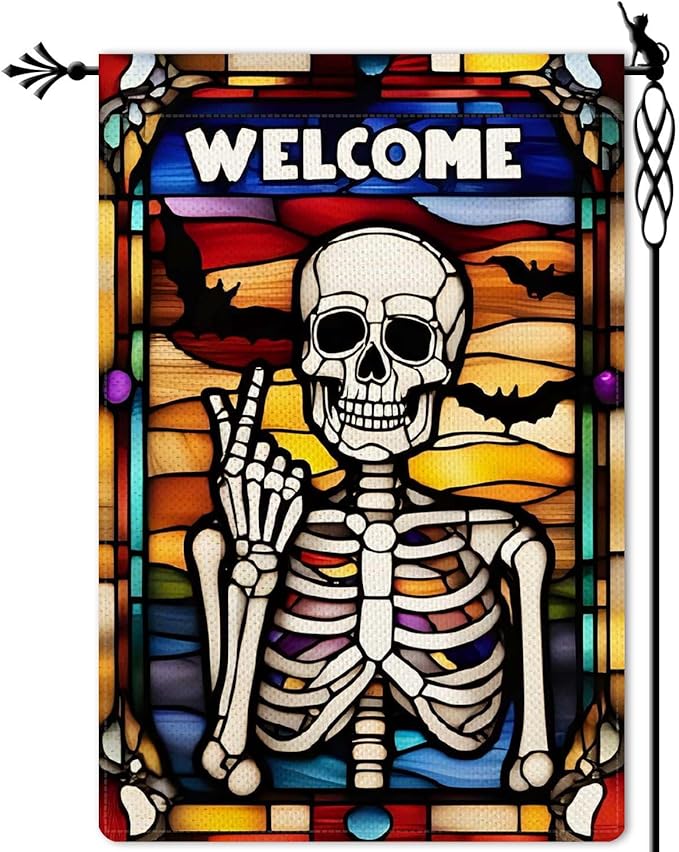 Welcome Skeleton Garden Flag Halloween Stained Glass Style Holiday Garden Flag Vertical Double Sided Rustic Farmland Burlap Yard Lawn Outdoor Decor 12.5x18"