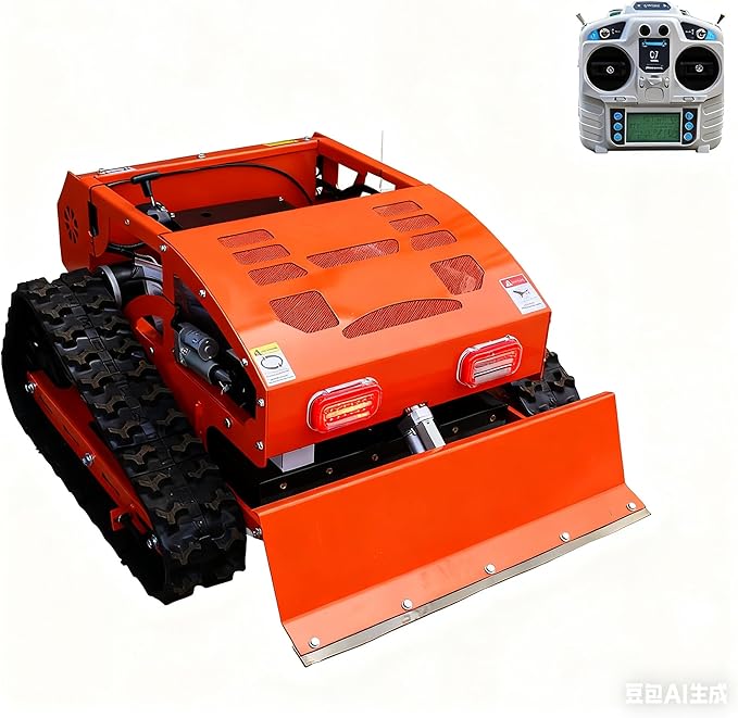 Gasoline Powered Remote Control Lawn Mowerwith Snow Plow, 9HP Crawler Mower with 600m Range for Steep Hills and Orchards (Orange/Snow Shovel)