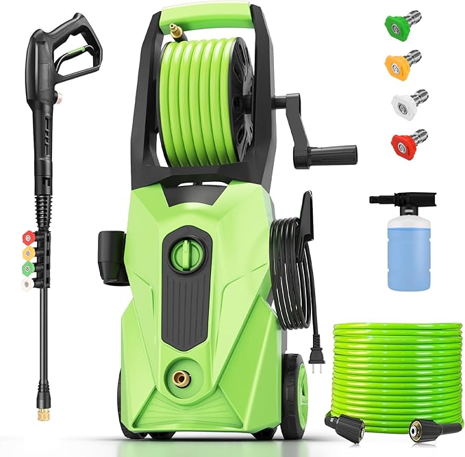 Pressure Cleaner 5000 PSI,2.8 GPM Power Cleaner with Foam Cannon,Portable Cleaner with 33ft Hose Reel,4 Nozzle Tips,and Soap Bottle for Cars/Home/Driveways/Patios/Decks/Fences(Green)