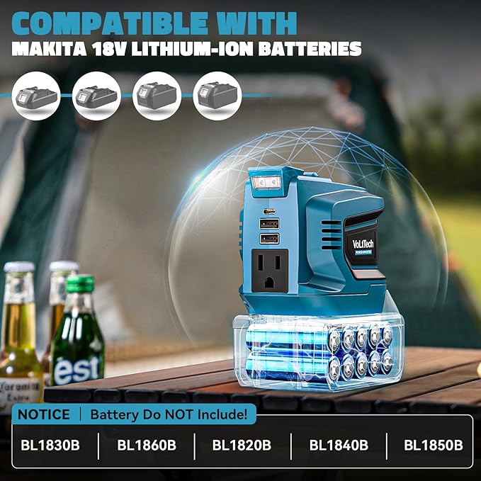 Real 200W Power Inverter Compatible with Makita 18V, Battery Inverter 18V to 110V-120V, Portable Phone Charger USB Charger Adapter Power Adapter with 2 USB Ports & 1 Type-C & 1 AC (No Battery)