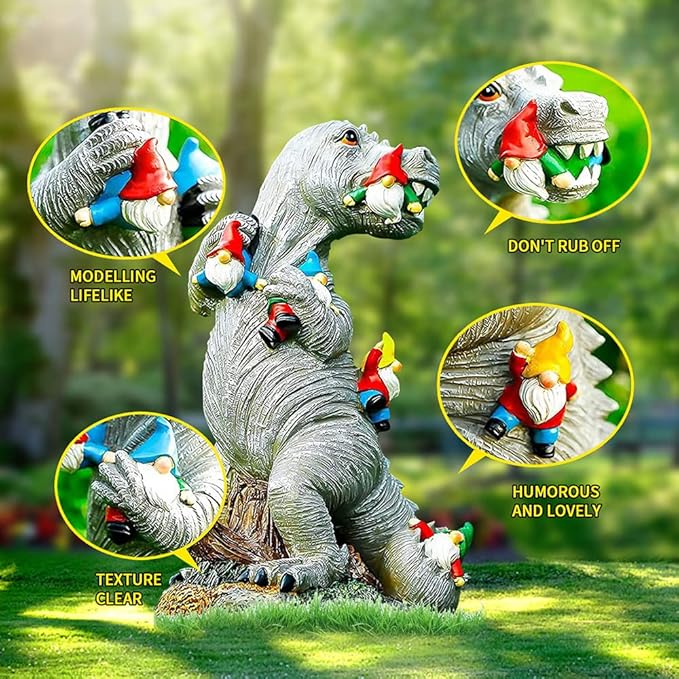 M.A.K Dinosaur Eating Gnomes Garden Decor, Art for Garden Decor, Outdoor Statue for Patio, Lawn, Yard Art Decoration, Housewarming Garden Gift