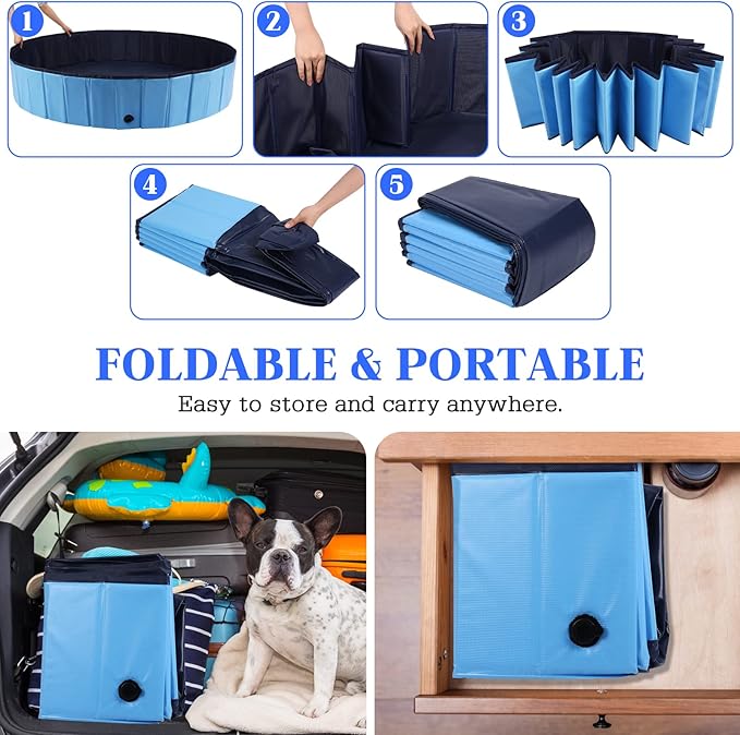 Foldable Dog Pool, Portable Pet Bath Tub and Kiddie Swimming Pool, Collapsible Bathtub for Puppies, Small, Medium and Large Dogs, Cats and Kids, 87 x 12 in, Blue
