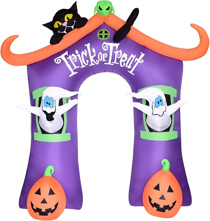 Haunted Hill Farm 9-Ft. Pre-Lit Trick or Treat Walkway Arch Inflatable Yard Decor with Black Cat, Jack-O-Lantern, and Ghost, Halloween Outdoor Blow-Up, Festive Outdoor Decorations for Patio and Yard