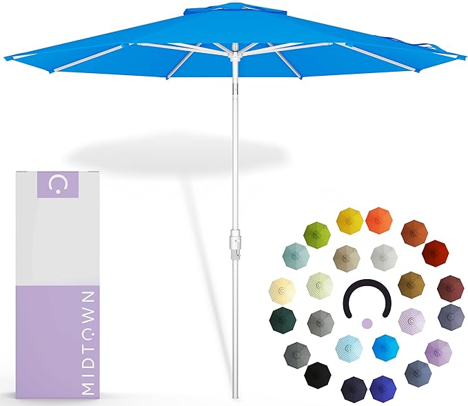 Midtown Umbrellas The Swilt 8 Feet Patio Umbrella in Terylast Cobalt (Blue) Polyester Fabric - Fiberglass Ribs, Auto-Tilt Aluminum Frame For Backyard, Deck, Garden, Pool - White Pole