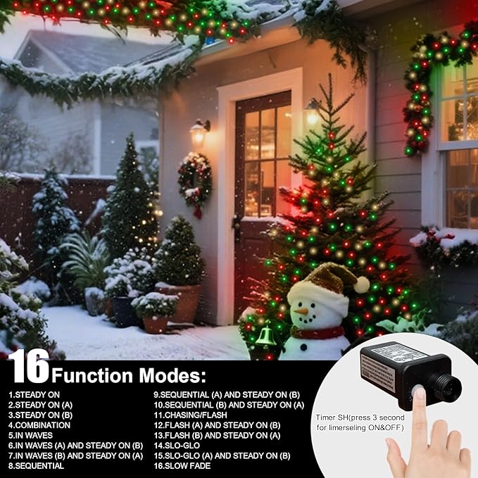 66ft Christmas Decorative Mini Lights, 200 LED Transparent Wire Fairy Starry String Lights Plug in, 16 Lighting Modes for Outdoor Xmas Tree Wedding Party Decoration (Red Green Warm)