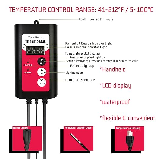 2000W Immersion Electric Submersible Water Heater with Temp Control & GFCI – Portable Heater for Hot Tubs, Above-Ground Pool, Inflatable Pool, Baptistry, Spa Tubs, Bathtubs & Swimming Pools