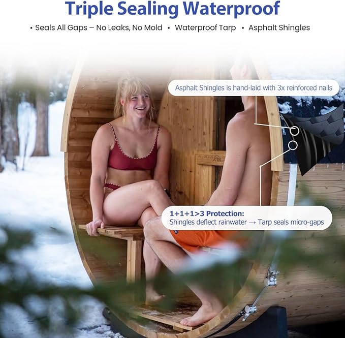 Outdoor Sauna 6-8 Person, Canadian Pinewood Barrel Sauna with Porch, ETL 6KW Toule Heater, Waterproof System, Asphalt Shingles, Rubber Base(0-195℉)
