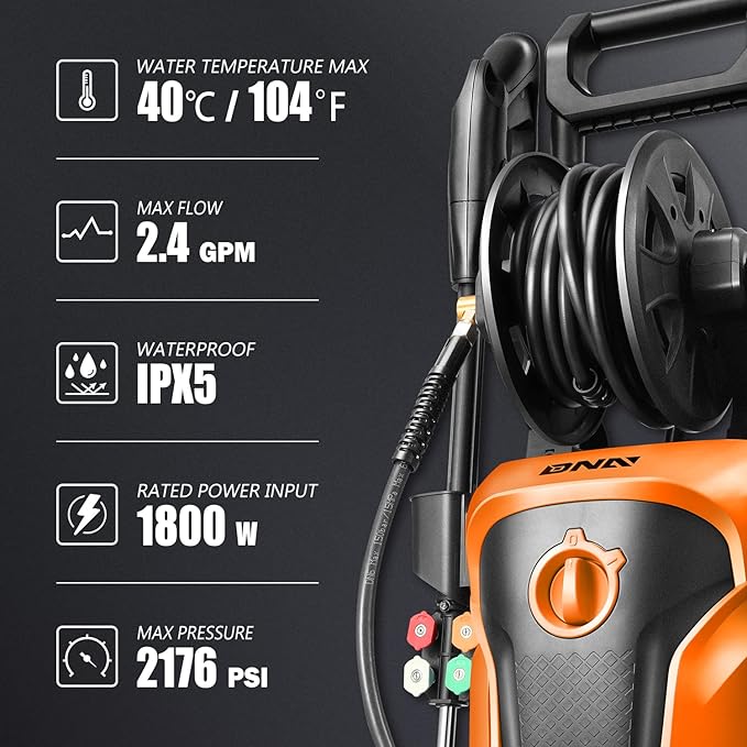 DNA MOTORING TOOLS-00230 Up to 2176 PSI Pressure 2.4 GPM Max Flow Electric Pressure Washer for Yard and Car Cleaning with Spray Nozzle Foam Bottle + 4 Turbo Nozzles IPX5 Driveway Patio Deck(Orange)