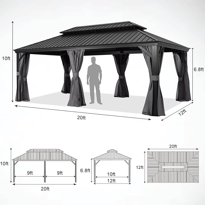 ABCCANOPY Hardtop Gazebo 12x20 - Outdoor Metal Hard Top Gazebo, Permanent Galvanized Steel Aluminum Framed Pavilion with Netting and Curtain for Patio Backyard Lawn Garden (Double Roof, Gray)