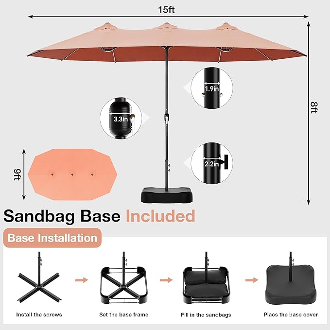 Joyside 15FT Large Patio Umbrella with Base Included, Outdoor Double Sided Umbrella, Rectangle Umbrella with Crank Handle, 12 Sturdy Ribs for Deck, Porch and Pool