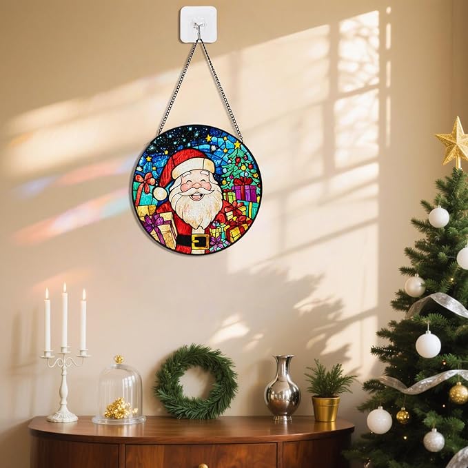 Santa Stained Glass Window Hanging, Santa Claus Suncatcher for Doors Home Sun Catchers Decoration and Christmas, Mother's Day Birthday Gifts for Women, Men, and Mom (8 Inch)