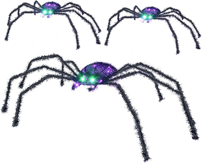 HOYECHI 3-Piece Lighted Halloween Spider - Holiday Decorations Outdoor Set of 3 Spider with 35 LED Lights for Front Yard Porch Gardens Party Outside Halloween Decor - Black