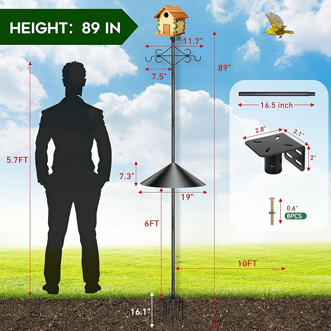 89 inch Double Hooks Heavy Duty Bird Feeder Pole with Squirrel Baffle for Outdoors,5-Prong Base Adjustable Bird House Pole for Smart Camera Birdfeeder,Bluebird House