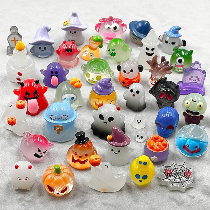 Suartus Halloween Mini Resin Figures 39 Styles Tiny Resin Figurines Kit to Hide Cute Pumpkin Ghost Skull Luminous Miniature Figures Bulk for Halloween Party Favors Outdoor Garden Landscape Decor
