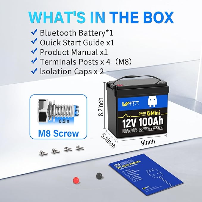 Wattcycle 12V 100Ah LiFePO4 Lithium Battery Mini with Bluetooth, 100Ah BMS BCI Group 24, 1.28kWh Energy, Mini 12V Lithium Battery for RV, Marine, Boat, Trailer Lifepo4 Batterys