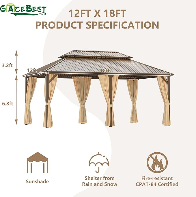 12x18 ft Hardtop Gazebo Outdoor Aluminum Patio Gazebo Double Roof Galvanized Steel Canopy with Netting and Curtains for Garden, Backyard, Deck and Lawns.