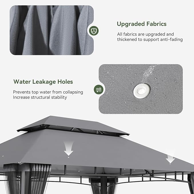 AOXUN Outdoor Gazebo for Patio 10x13, Metal Frame Canopy with Double Roofs, Heavy Duty Party Tent and Shelter with Mosquito Nettings for Backyard, Lawn, Garden, Deck (Gray/no Privacy Screen)