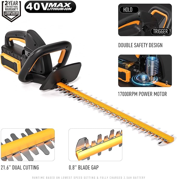 40V 21.6" Battery Hedge Trimmer, 0.7" Cutting Diameter Cordless Hedge Trimmer, Dual Action Blade Power Hedge Trimmers, Electric Hedge Trimmer with Battery & Charger Included