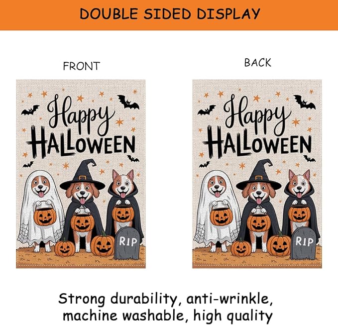 HTBIG Happy Halloween Garden Flag, Funny Dog Pumpkin Halloween Decor, Yard Flags for Outside 12x18 inch, Outside Yard for Home Decorations