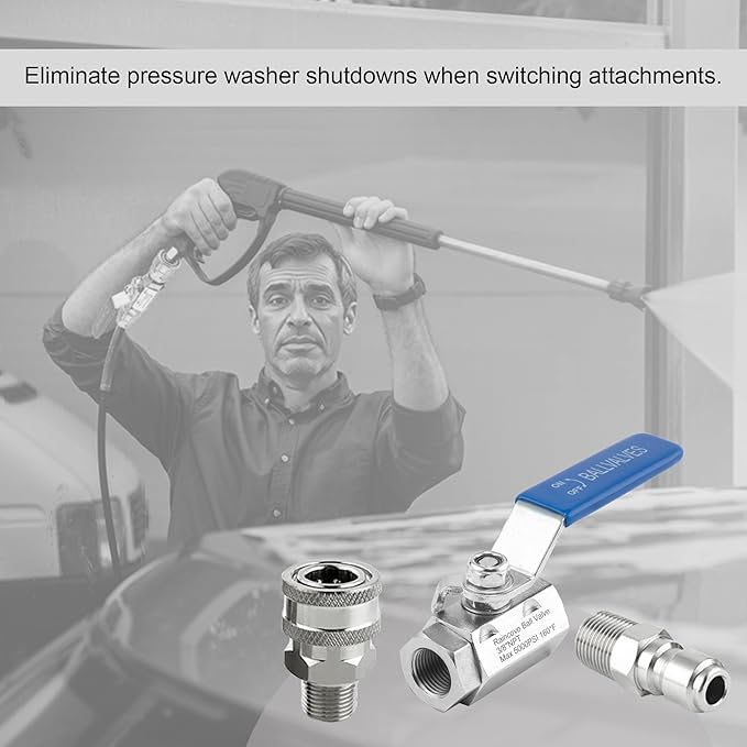 Ball Valve Pressure Washer for Hot Water, Stainless Steel, 3/8” Quick Connect Shut Off Valve for High Power Washer Gun and Hose, 5000 PSI
